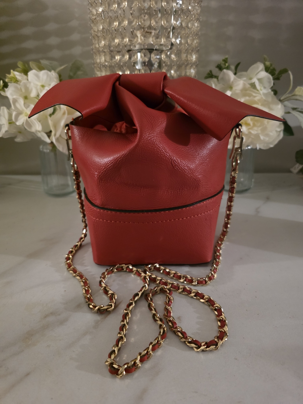 Zara Red Drawstring Bucket Crossbody with Gold Chain Strap